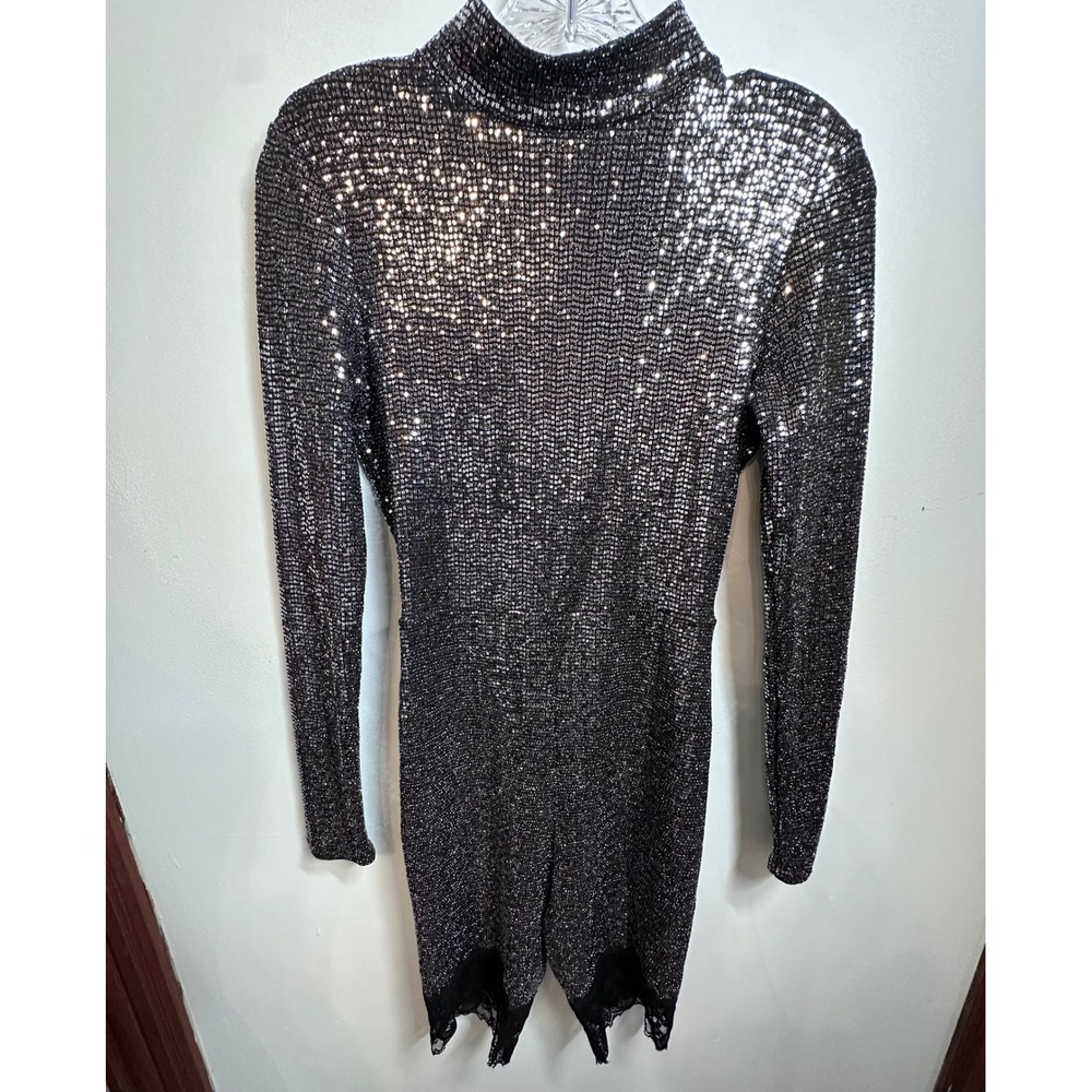 Fashion Nova Womens Silver Metallic Mock Neck Open Back Lace Trim Romper Small